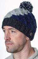 Pure Wool Hand knit - lattice step bobble hat - Charcoal/blue