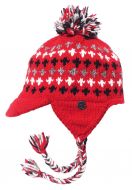 Pure Wool Hand knit - half fleece lined  - large bobble - peak ear flap - Red Pattern