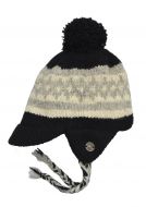 Pure Wool Hand knit - half fleece lined - large bobble - peak ear flap - Black/Grey