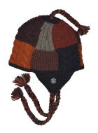 Patchwork ear flap hat - pure wool - hand knitted - fleece lining - browns