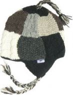 Patchwork ear flap hat - pure wool - hand knitted - fleece lining - grey / natural