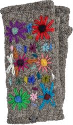Hand embroidered flower - fleece lined wristwarmer - marl brown