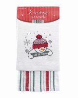 Embroidered Cotton Christmas Tea Towels - 2 Pack