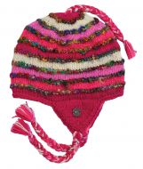 Pure Wool Recycled silk earflap hat - hand knitted - fleece lining - pink