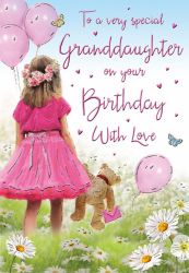 Birthday Card - Very Special Granddaughter - Girl & Teddy Bear - Glitter - Regal