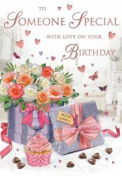 Birthday Card - Someone Special - Cupcake & Roses - Glitter - Regal