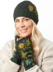 Pure Wool Hand embroidered beanie - heather pine