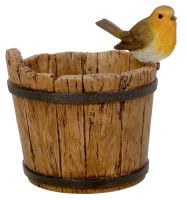 Robin Bird on Water Barrel Planter - Lifelike Garden Ornament - Resin Vivid Arts