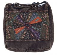 Large Embroidered Stonewashed Cotton Crossbody Bag - Brown