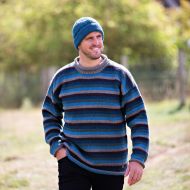 Handmade Pure Wool - stripe jumper - Blue brown grey