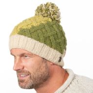 Pure Wool Hand knit - lattice step bobble hat - Greens/cream