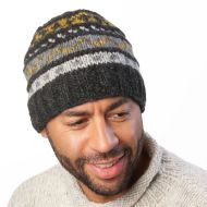 Ridge Pattern Beanie - Pure Wool - Charcoal Old Gold