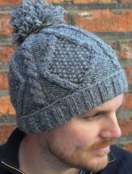 Pure Wool Celtic bobble hat - turn up - mid grey