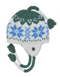 Snowflake ear flap hat - pure wool - hand knitted - fleece lining - white / green / blue