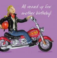 Birthday Card - Female Motorbike All Revved Up - One Lump Or Two