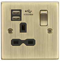 Knightsbridge 13A 1G Switched Socket Dual USB Charger Slots with Black Insert - Square Edge Antique Brass - (CS9124AB)