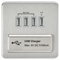 Knightsbridge Screwless Quad USB Charger Outlet (5.1A) - Brushed Chrome with Grey Insert (SFQUADBCG)