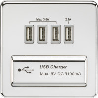 Knightsbridge Screwless Quad USB charger Outlet (5.1A) - Polished chrome with grey insert - (SFQUADPCG)