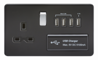 Knightsbridge Screwless 13A switched socket with quad USB charger (5.1A) - matt black with chrome rocker - (SFR7USB4MB)