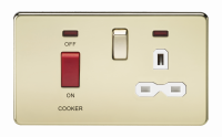 Knightsbridge Screwless 45A DP switch and 13A switched socket with neons - polished brass with white insert - (SFR8333NPBW)