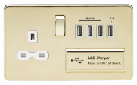 Knightsbridge Screwless 13A switched socket with quad USB charger (5.1A) - polished brass with white insert - (SFR7USB4PBW)