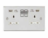 Knightsbridge 13A 2G Switched Socket Dual USB Charger (2.4A) with White Insert - Square Edge Brushed Chrome - (CS9224BCW)