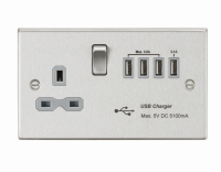 Knightsbridge 13A switched socket with quad USB charger (5.1A) - brushed chrome with grey insert - (CS7USB4BCG)