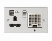 Knightsbridge 13A Socket, USB chargers (2.4A), & Bluetooth Speaker - Square Edge Brushed Chrome with black insert - (CS9905BC)