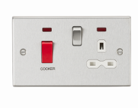 Knightsbridge 45A DP Cooker Switch & 13A Switched Socket with Neons & White Insert - Square Edge Brushed Chrome - (CS83BCW)
