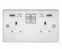 Knightsbridge Flat plate 13A 2G switched socket with dual USB charger (2.4A) - polished chrome with white insert - (FPR9224PCW)