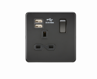 Knightsbridge Screwless 13A 1G switched socket with dual USB charger (2.1A) - Matt Black (SFR9124MBB)