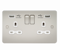 Knightsbridge Flat plate 13A 2G switched socket with dual USB charger (2.4A) - pearl with white insert - (FPR9224PLW)