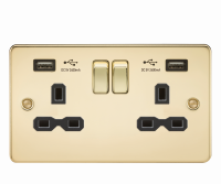 Knightsbridge Flat plate 13A 2G switched socket with dual USB charger (2.4A) - polished brass with black insert  - (FPR9224PB)