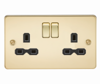Knightsbridge Flat plate 13A 2G DP switched socket - polished brass with black insert (FPR9000PB)