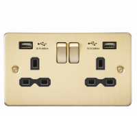 Knightsbridge Flat plate 13A 2G switched socket with dual USB charger (2.4A) - brushed brass with black insert (FPR9224BB)