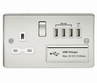 Knightsbridge Flat plate 13A switched socket with quad USB charger - polished chrome with white insert - (FPR7USB4PCW)