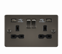 Knightsbridge Flat plate 13A 2G switched socket with dual USB charger (2.4A) - gunmetal with black insert - (FPR9224GM)