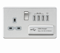 Knightsbridge Screwless 13A switched socket with quad USB charger (5.1A) - brushed chrome with grey insert - (SFR7USB4BCG)