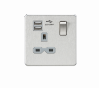Knightsbridge Screwless 13A 1G switched socket with dual USB charger (2.1A) - brushed chrome with grey insert - (SFR9901BCG)