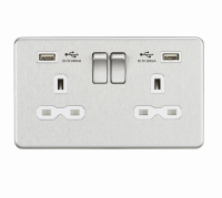 Knightsbridge 13A 2G Switched Socket with Dual USB Charger (2.4A) - Brushed Chrome with White Insert - (SFR9224BCW)