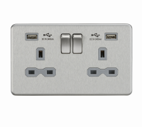 Knightsbridge 13A 2G Switched Socket with Dual USB Charger (2.4A) - Brushed Chrome with Grey Insert - (SFR9224BCG)