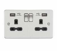 Knightsbridge Flat plate 13A 2G switched socket with dual USB charger (2.4A) - brushed chrome with black insert (FPR9224BC)