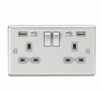 Knightsbridge 13A 2G Switched Socket Dual USB Charger (2.4A) with Grey Insert - Rounded Edge Brushed Chrome (CL9224BCG)