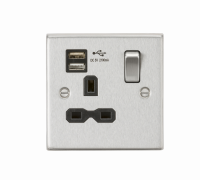 Knightsbridge 13A 1G Switched Socket Dual USB Charger (2.1A) with Black Insert - Square Edge Brushed Chrome - (CS91BC)