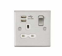Knightsbridge13A 1G Switched Socket Dual USB Charger (2.1A) with White Insert - Square Edge Brushed Chrome - (CS91BCW)