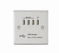 |Knightsbridge Quad USB Charger Outlet (5.1A) - Brushed Chrome with White Insert - (CSQUADBCW)
