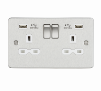 Knightsbridge Flat plate 13A 2G switched socket with dual USB charger (2.4A) - brushed chrome with white insert - (FPR9224BCW)