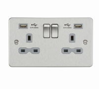 Knightsbridge Flat plate 13A 2G switched socket with dual USB charger (2.4A) - brushed chrome with grey insert (FPR9224BCG)