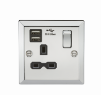 Knightsbridge 13A 1G Switched Socket Dual USB Charger Slots with Black Insert - Bevelled Edge Polished Chrome - (CV91PC)