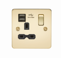 Knightsbridge Flat plate 13A 1G switched socket with dual USB charger (2.1A) - polished brass with black insert - (FPR9901PB)
